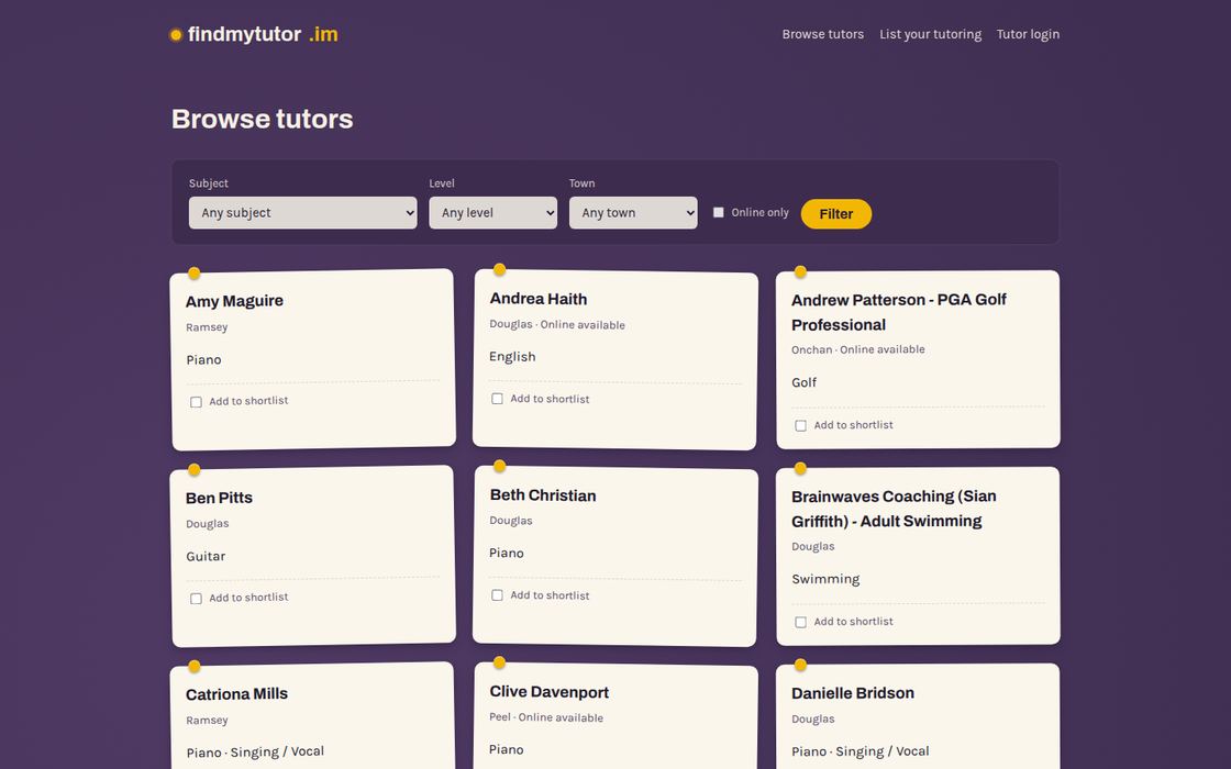 The findmytutor.im browse page, listing Isle of Man tutors