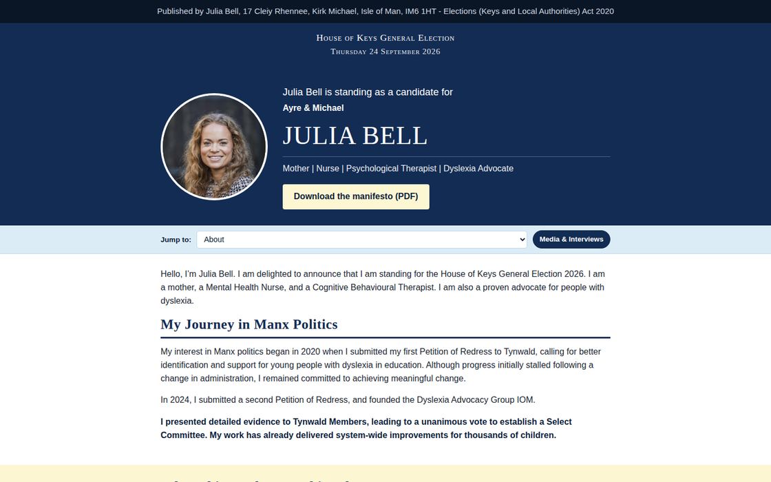 Julia Bell's campaign site home page, live