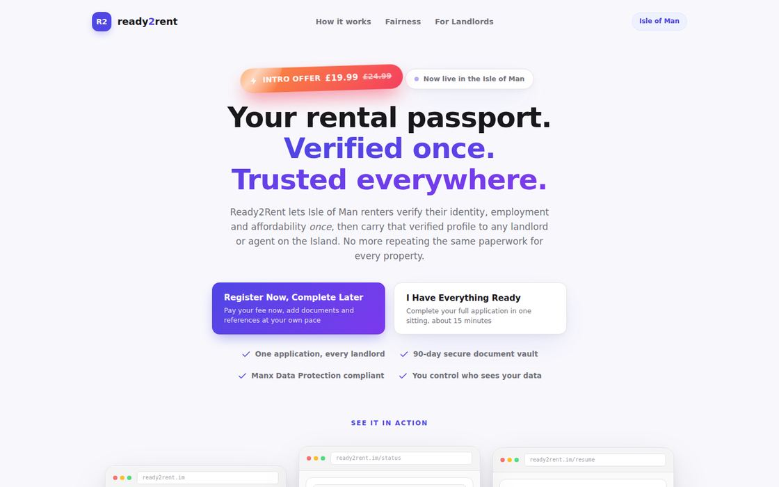 The Ready2Rent home page, live