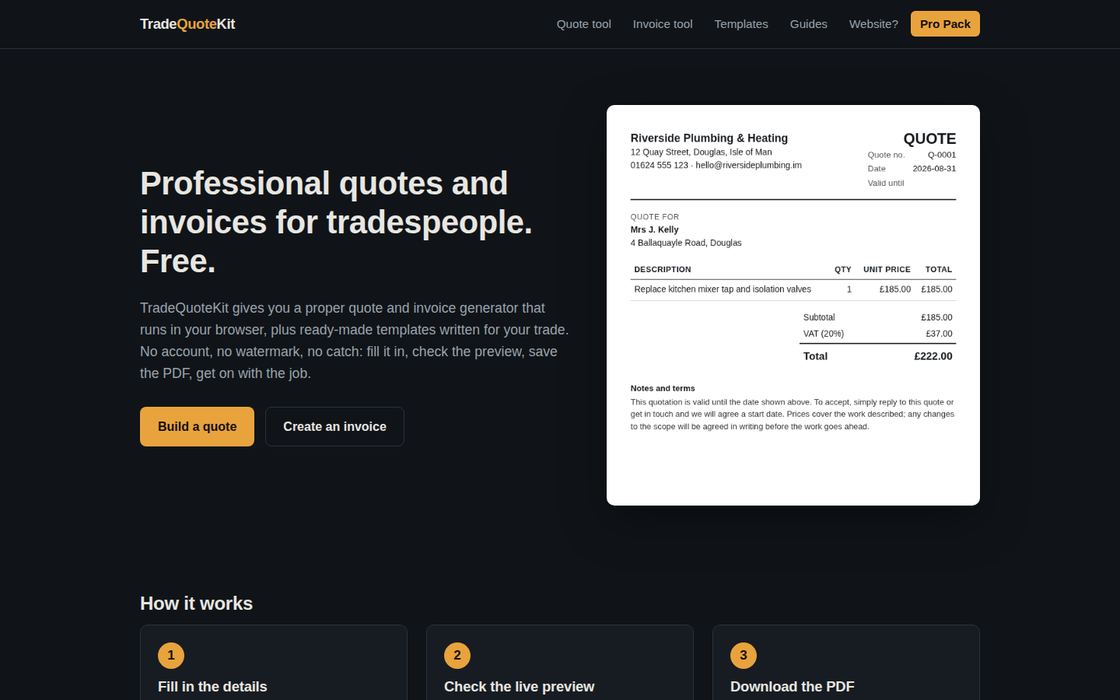 The Trade Quote Kit home page, live