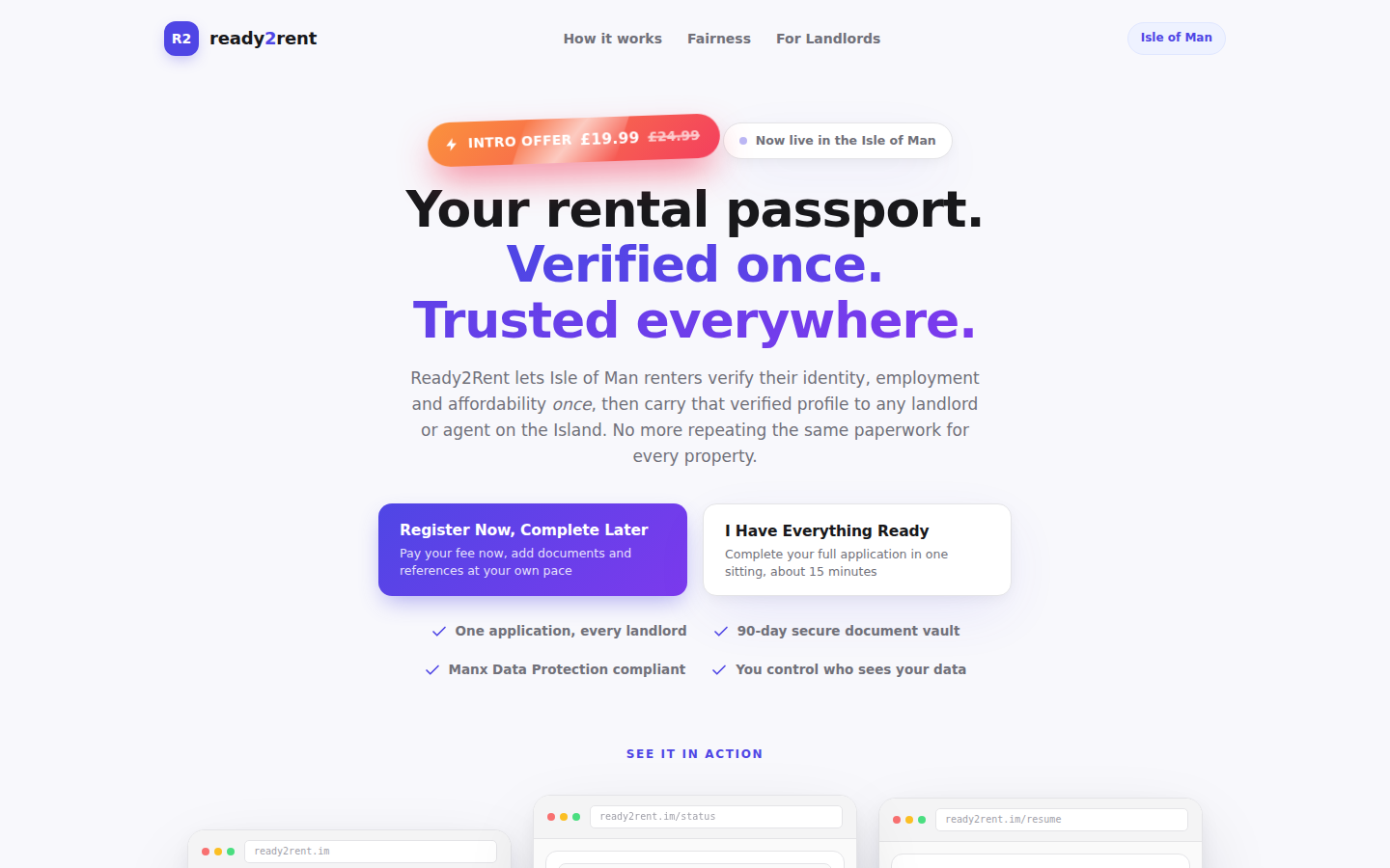 Screenshot of the ready2rent.im homepage