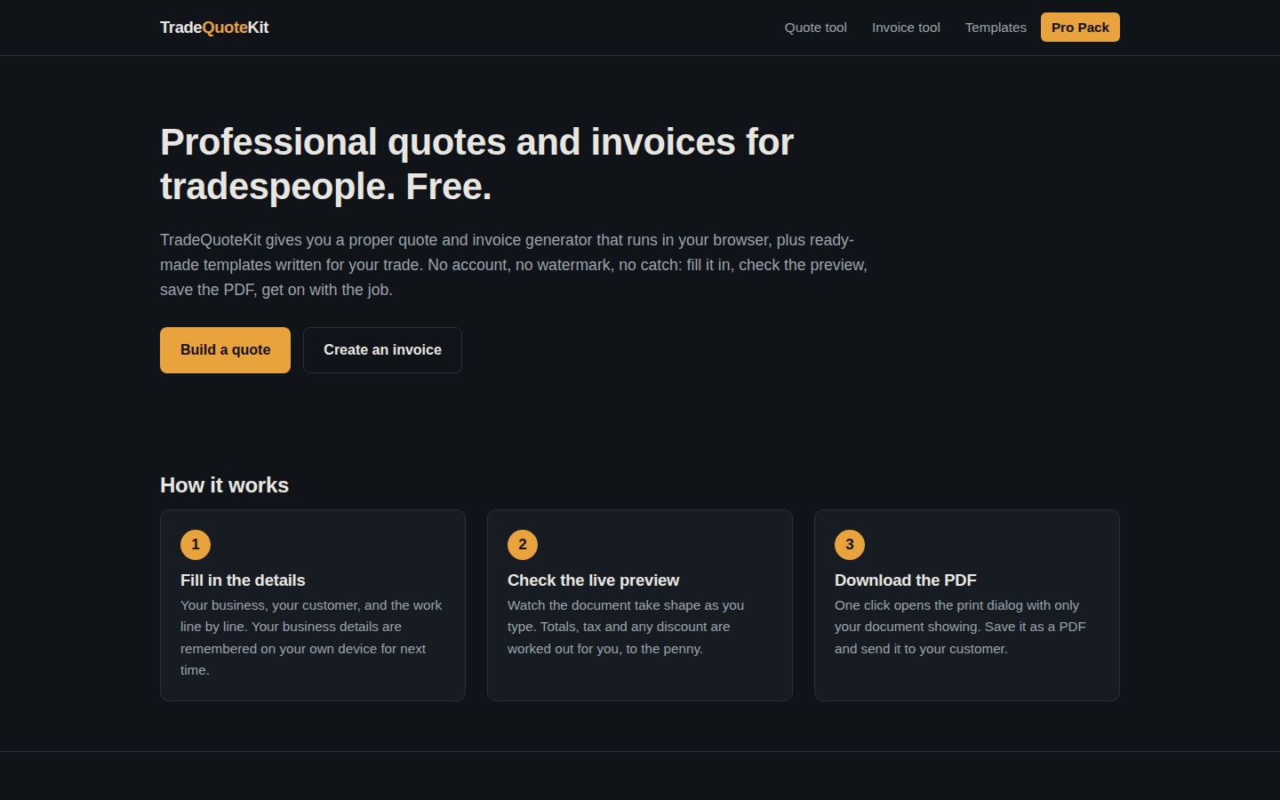 Screenshot of the tradequotekit.com homepage